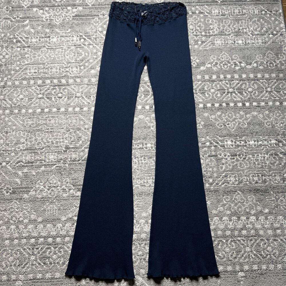 Michelle Jonas Waffle Knit Flare Pull On Pants Large Lace Boho Lounge Stretch